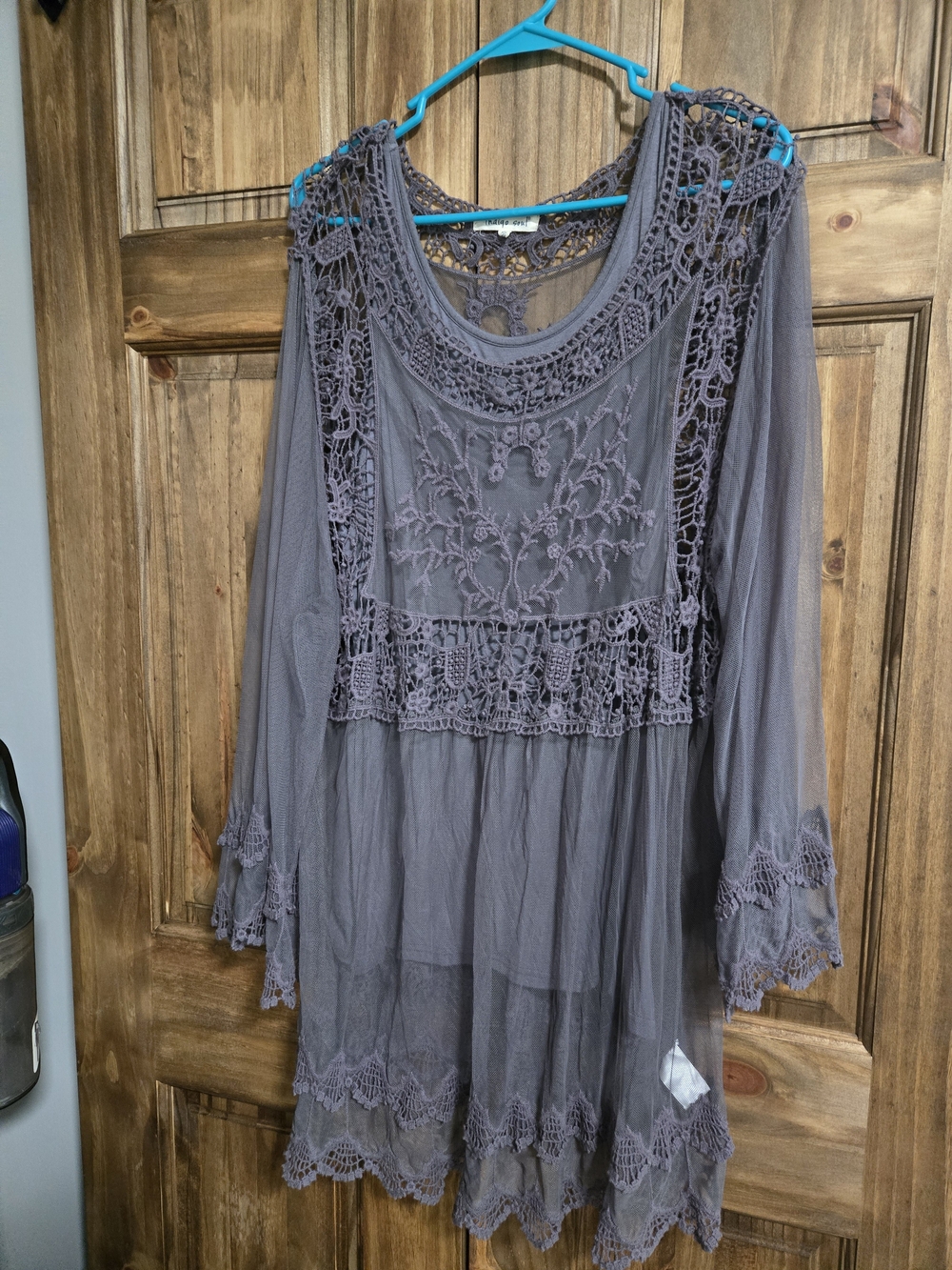 Boho Crochet-Trim Gray Tunic Top